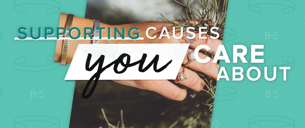 Person holding books with text "Supporting causes you care about" on teal background promoting charitable giving